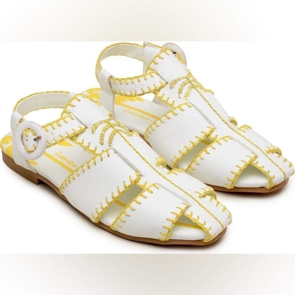 NEW Farm Rio Women's Yellow & White Palm Tree Sandals Whipstitch Vegan sz US 9.5 - Picture 2 of 16